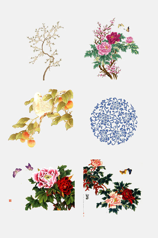 中国风工笔画花卉动物植物免抠元素
