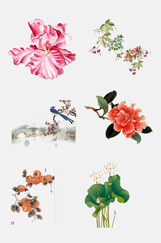 水墨风中国风工笔画动物植物免抠元素