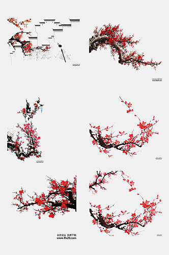 好看水墨红梅腊梅梅花免抠元素