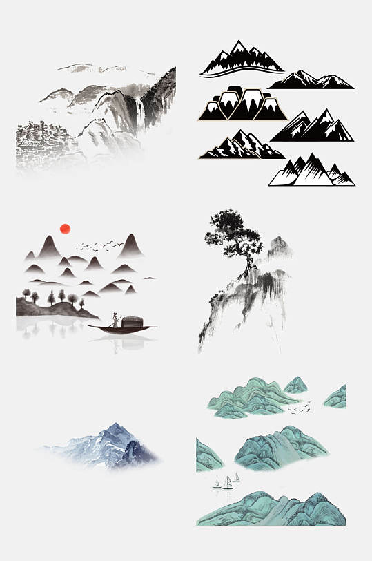 中国风卡通手绘山水免抠元素