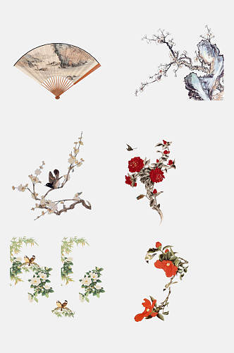 中国风工笔画花鸟动物植物免抠元素