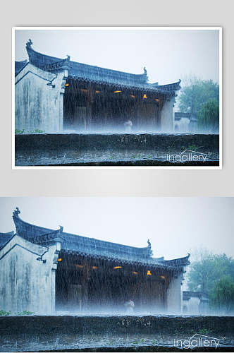 黄山徽州荷畔最美民宿雨天建筑高清图片