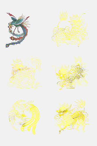 高端金色手绘中国传统神兽免抠元素