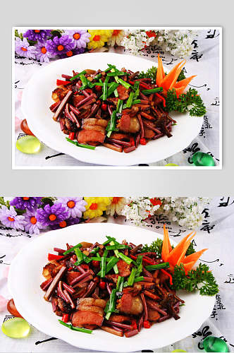 野山菌炒腊肉食品图片