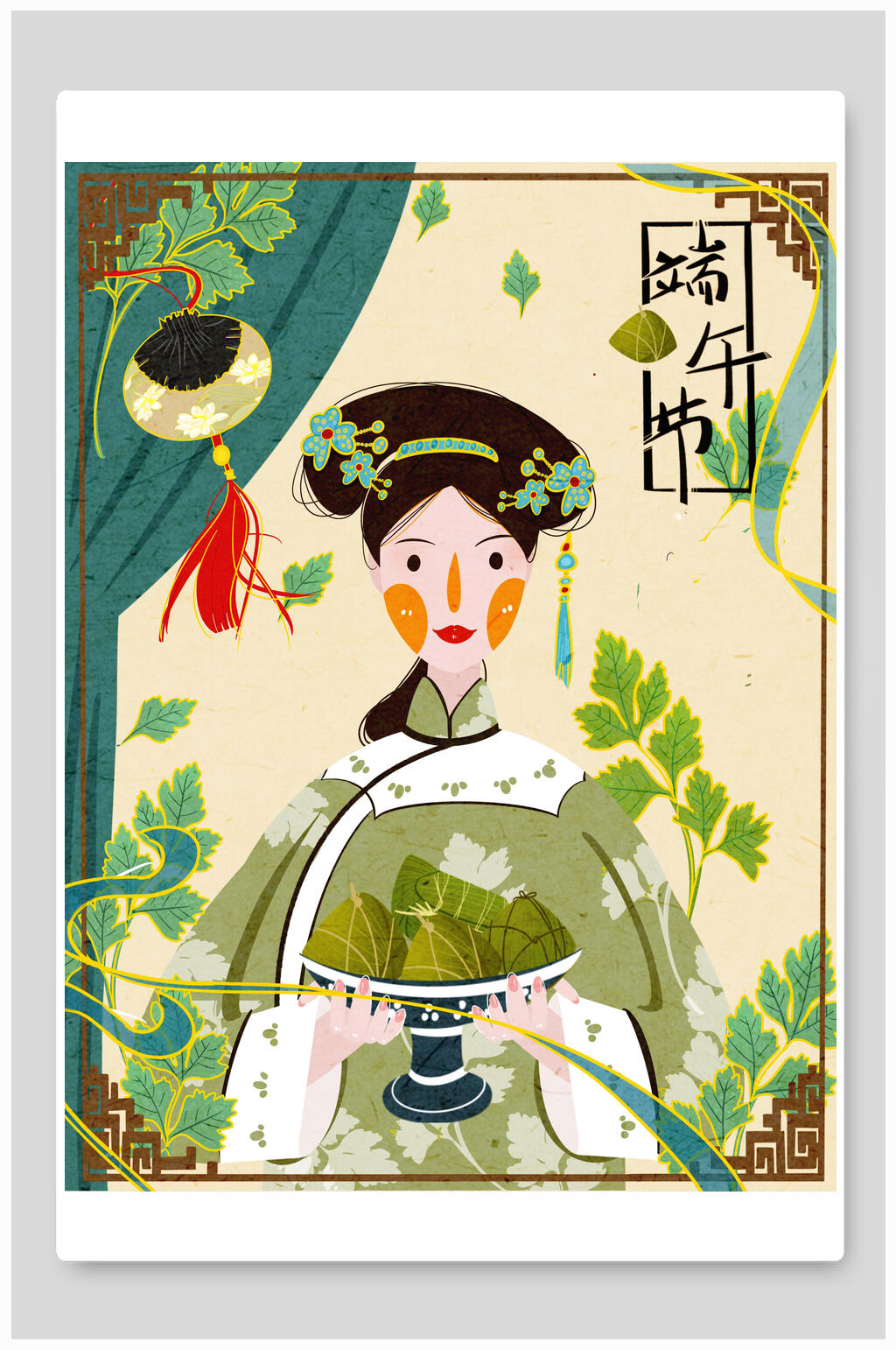 复古中式端午节插画素材素材