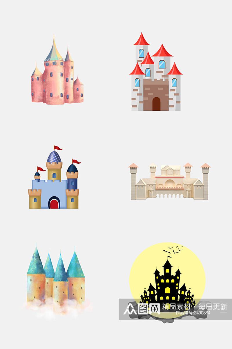 卡通炫彩欧式童话城堡宫殿免抠设计素材素材
