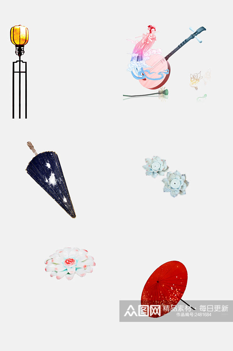 唯美中国风雨伞花卉物品免抠元素素材