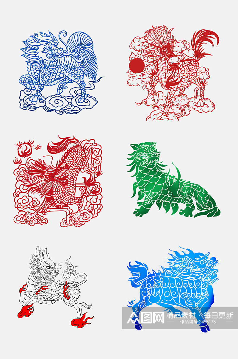 剪纸风手绘中国传统神兽免抠元素素材