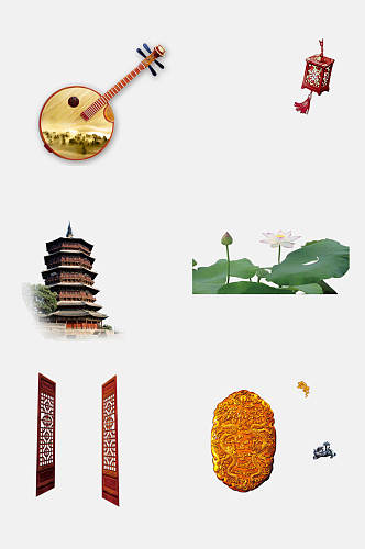 中国风古典花卉精致乐器物品免抠元素