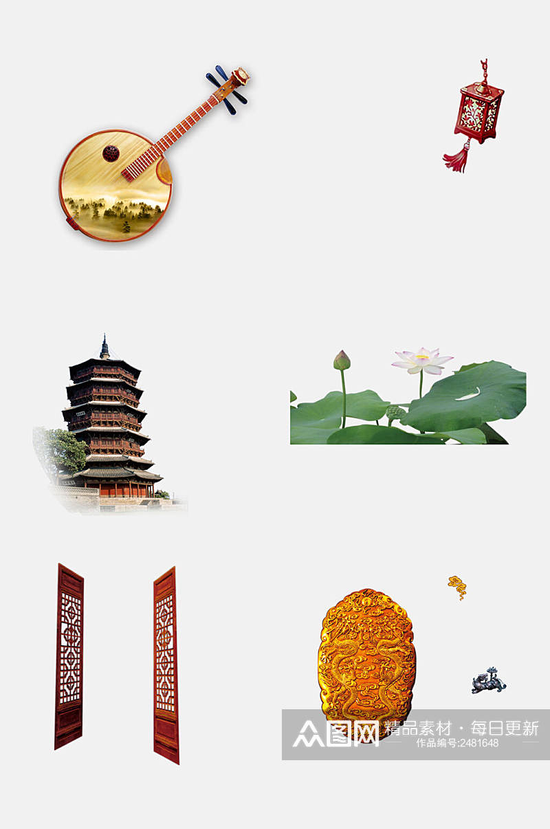 中国风古典花卉精致乐器物品免抠元素素材