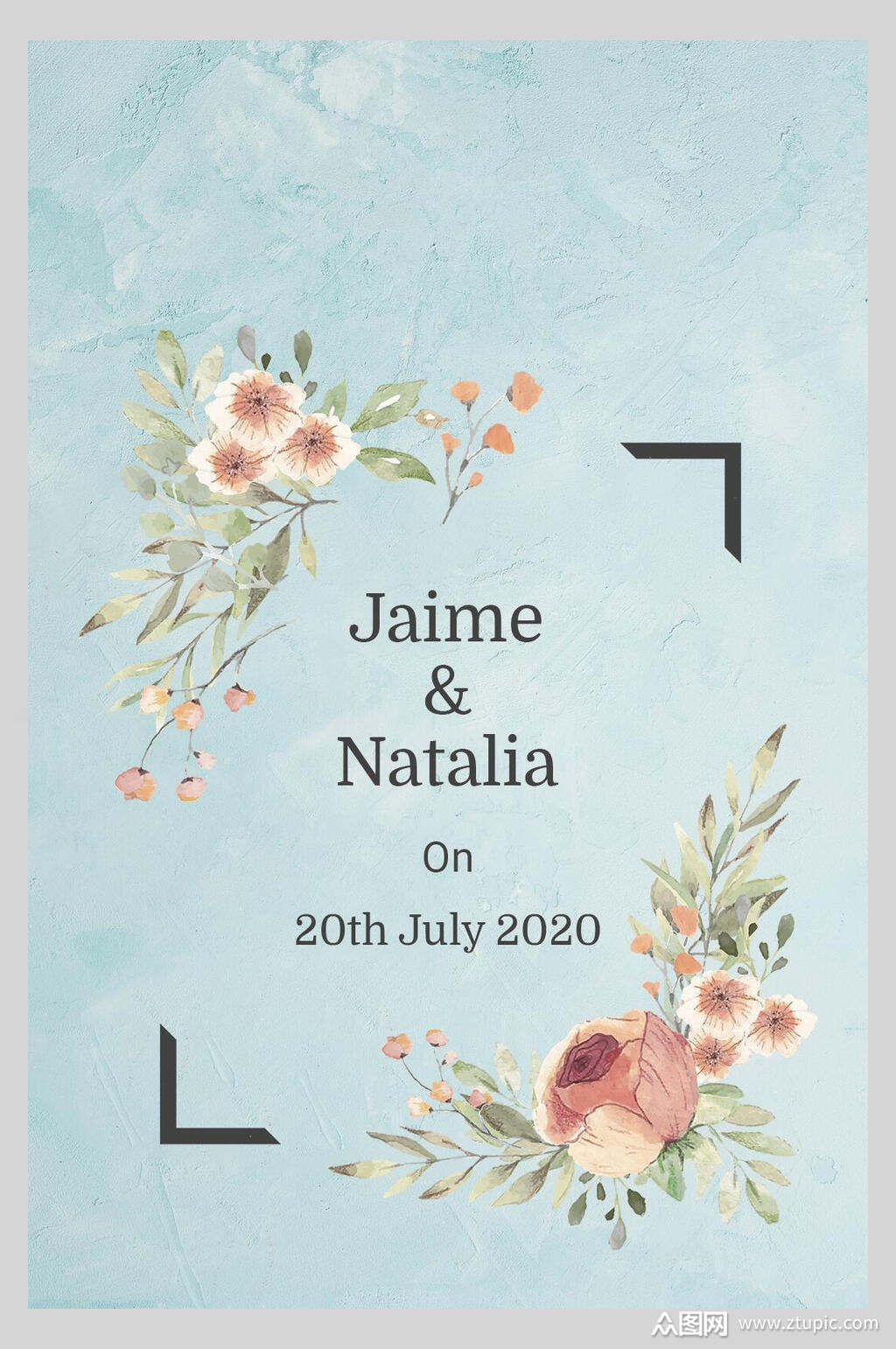 清新蓝色花卉植物婚礼邀约海报素材