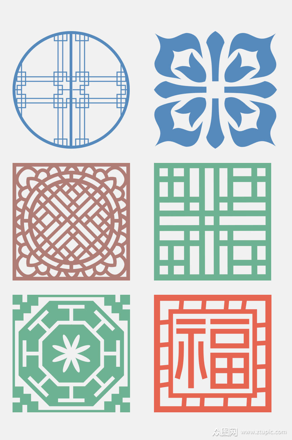 清新水彩中式传统图案窗格免抠素材素材