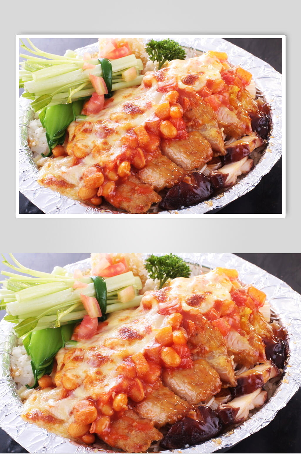 芝士焗鲜茄汁黄豆猪扒饭食物图片素材