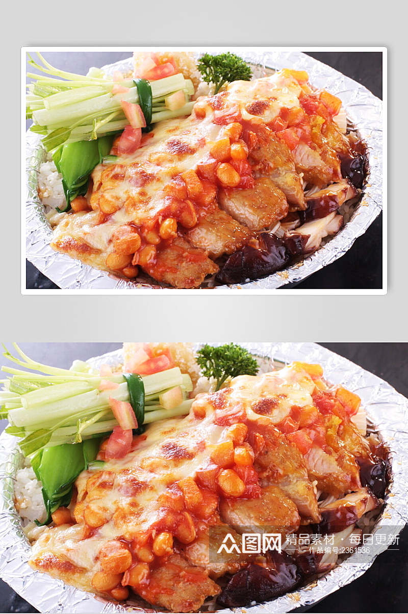芝士焗鲜茄汁黄豆猪扒饭食物图片素材