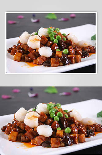 豌豆红烧肉虾尾美食淮扬菜摄影图餐饮图片