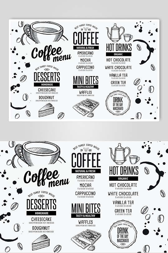 手绘灰色咖啡甜品美食菜单宣传单海报
