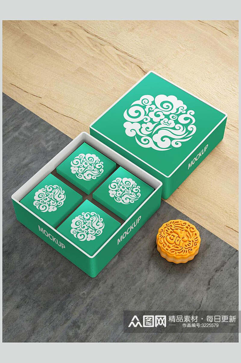 中秋节绿色月饼礼盒包装样机素材