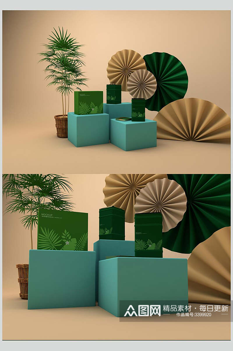 绿色方形铁盒茶叶包装样机素材