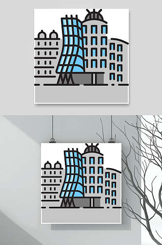 蓝灰色大气手绘地标城市建筑元素