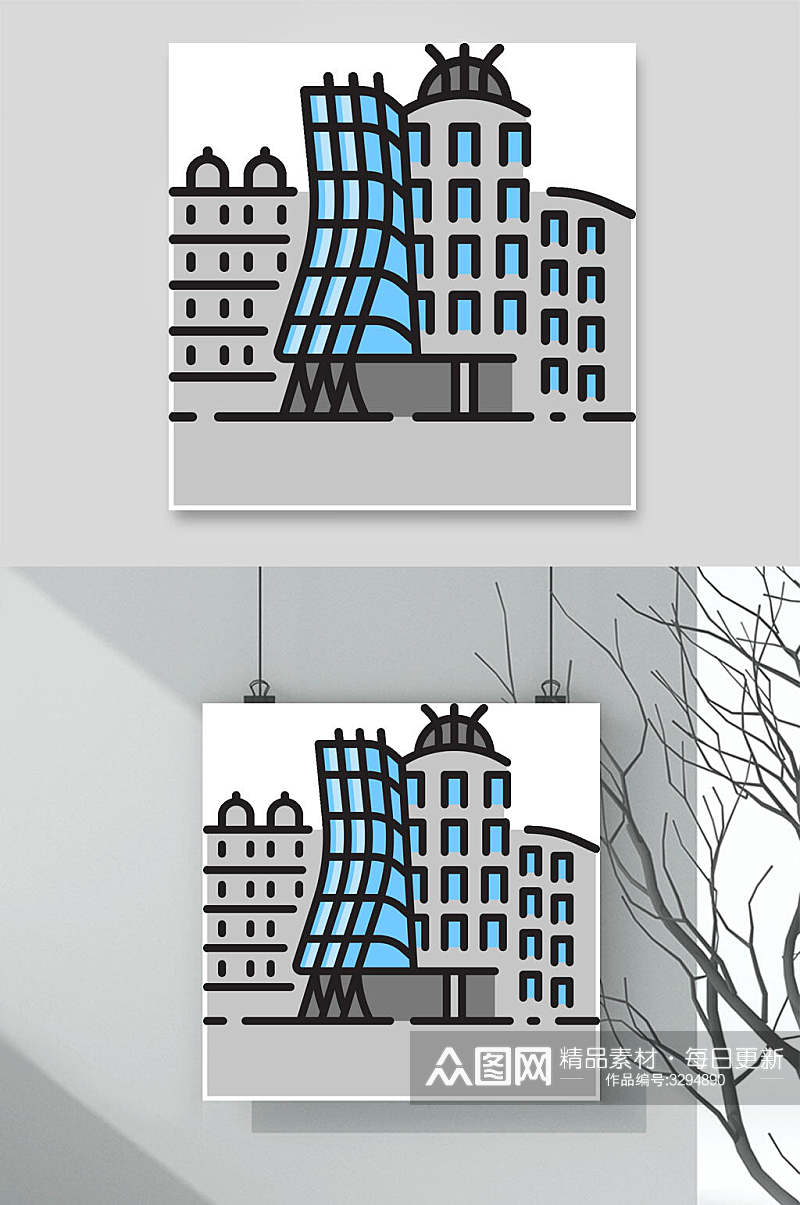 蓝灰色大气手绘地标城市建筑元素素材