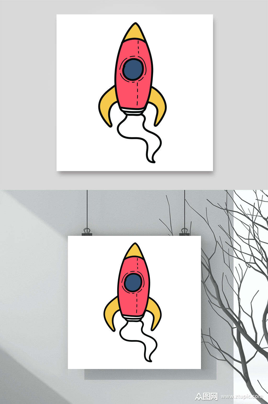 卡通手绘英文动植物火箭矢量素材