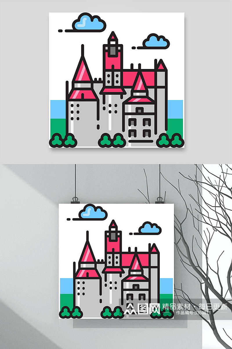 城堡手绘地标城市建筑元素素材