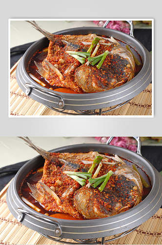香辣美味鱼烧烤菜肴摄影图