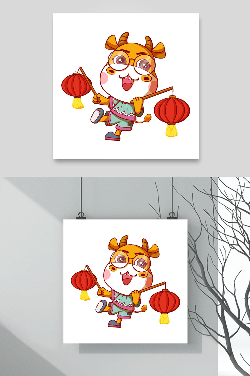 灯笼牛年卡通插画形象素材素材