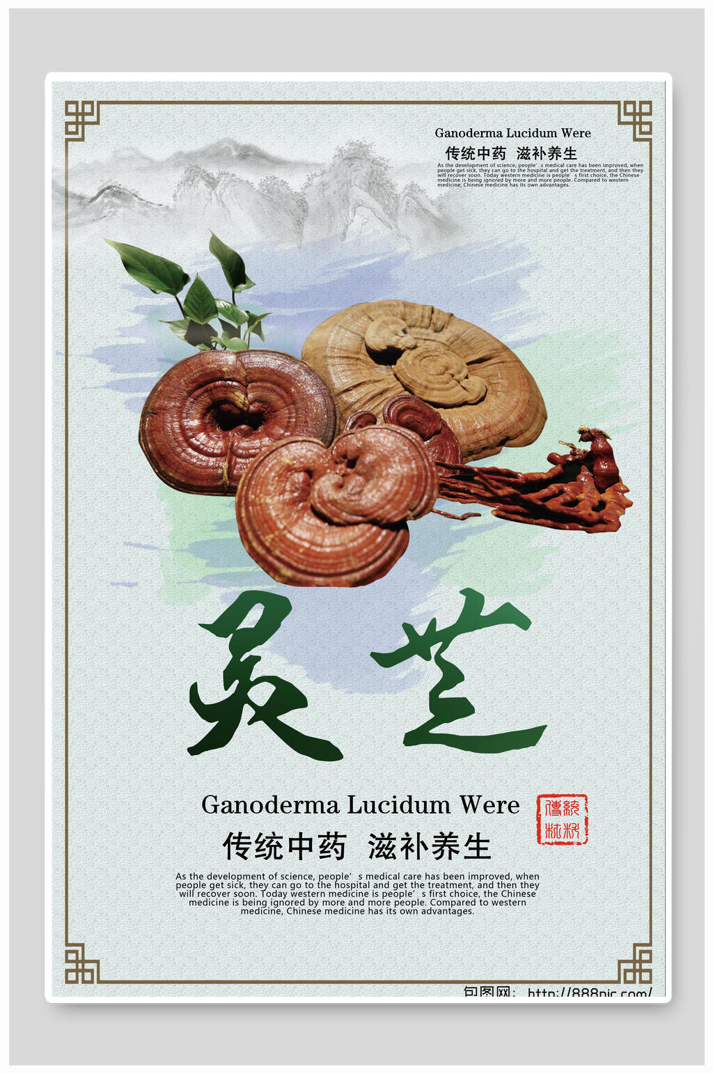 灵芝传统中药材中药挂画展板海报素材