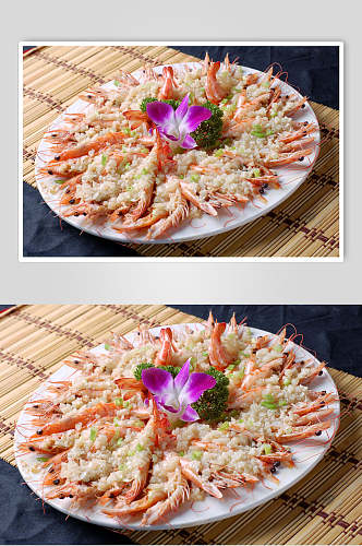 特色海鲜蒜茸蒸开边虾食物高清图片