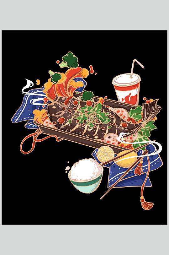 烧烤烤鱼美食插画素材