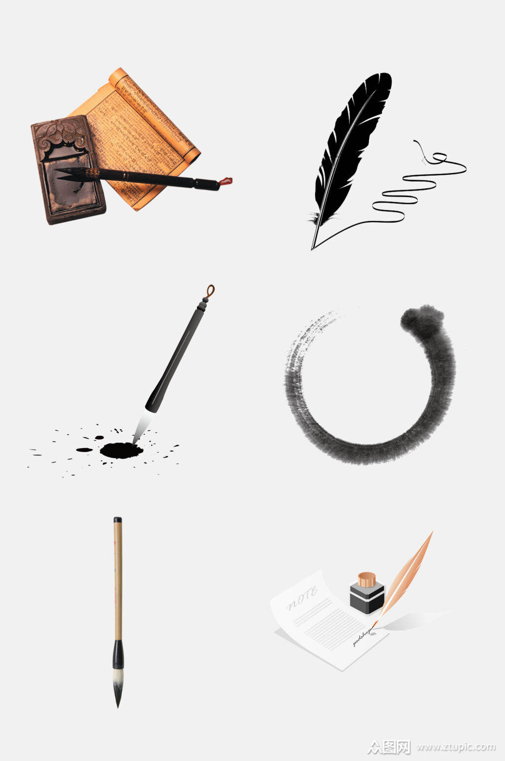 中国风羽毛毛笔水墨免抠素材