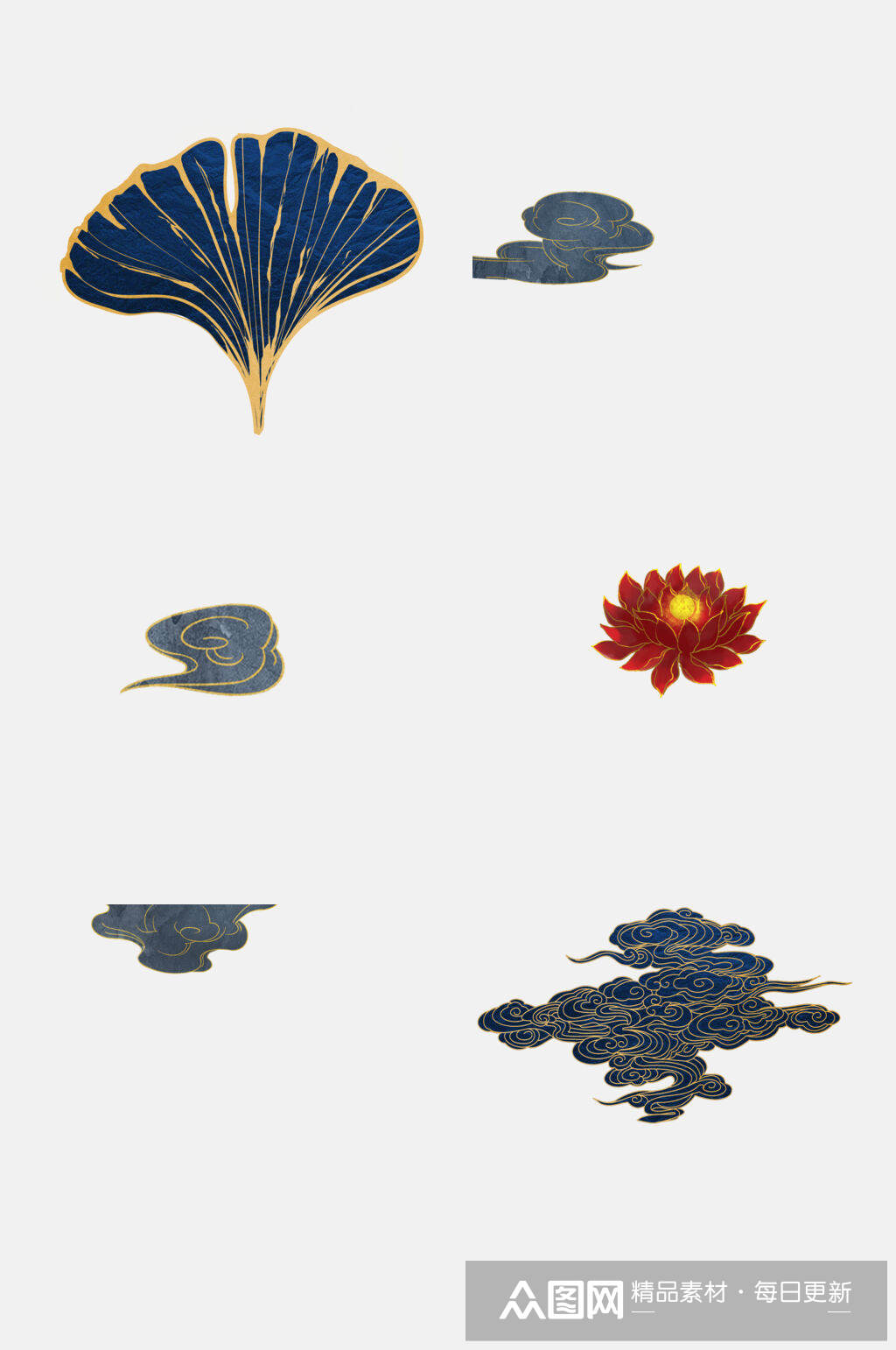 银杏叶花卉祥云烫金图案免抠元素