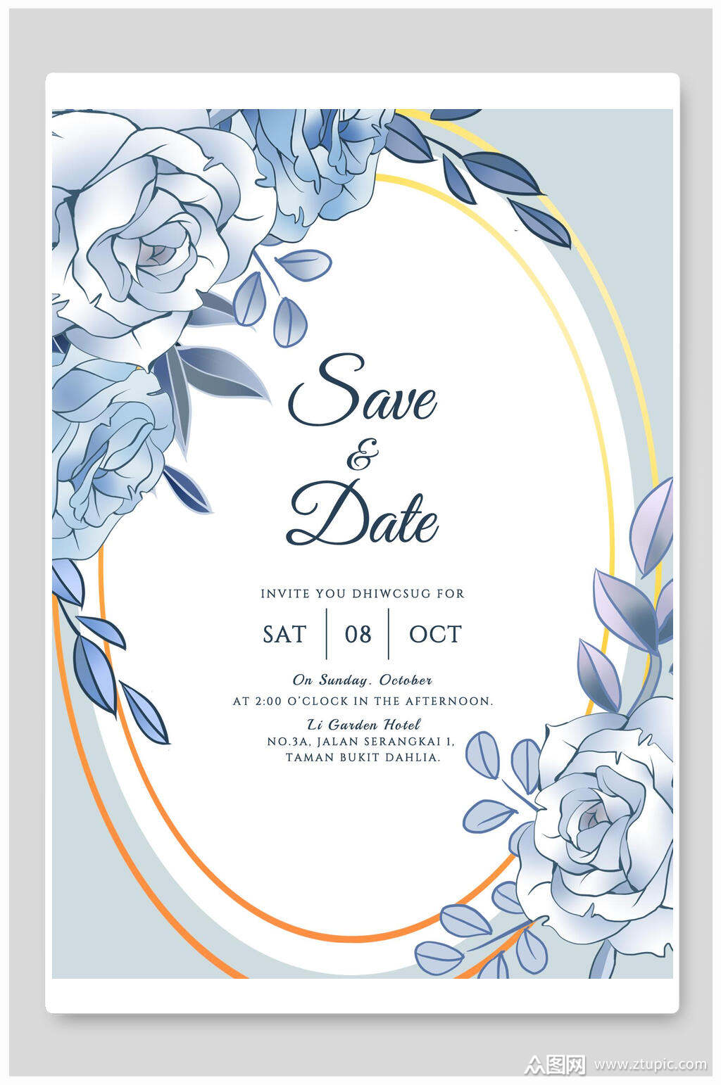 蓝金花卉欧式邀请函海报模板下载-编号2588165-众图网