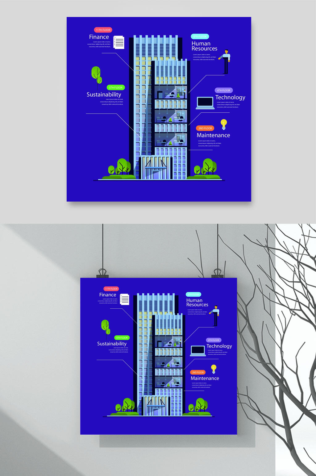 蓝色卡通建筑矢量素材素材