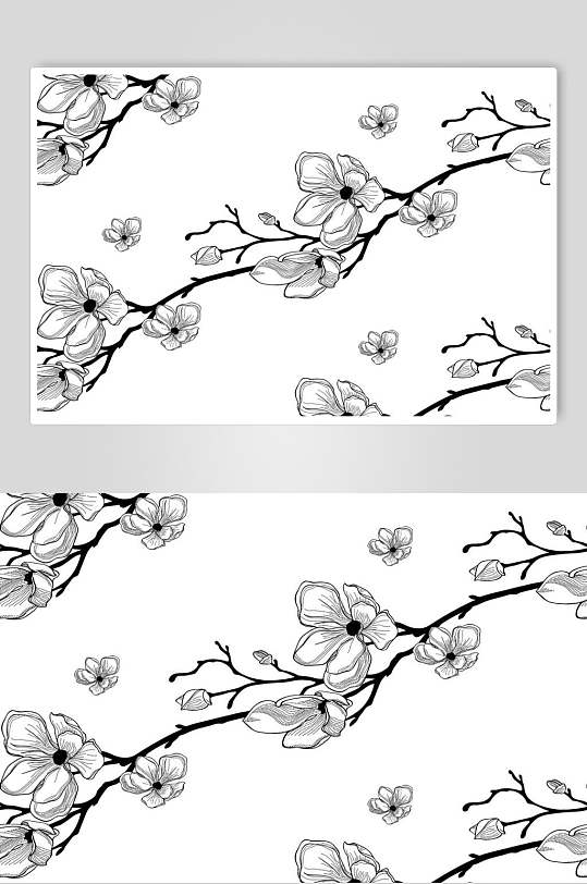 简洁手绘灰色森系花卉树叶矢量素材