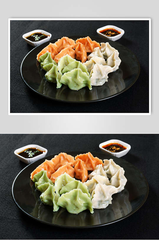 小吃三色水饺食品摄影图片