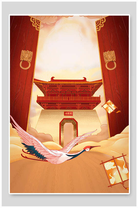 中国风国潮风中国门之安雅阁插画