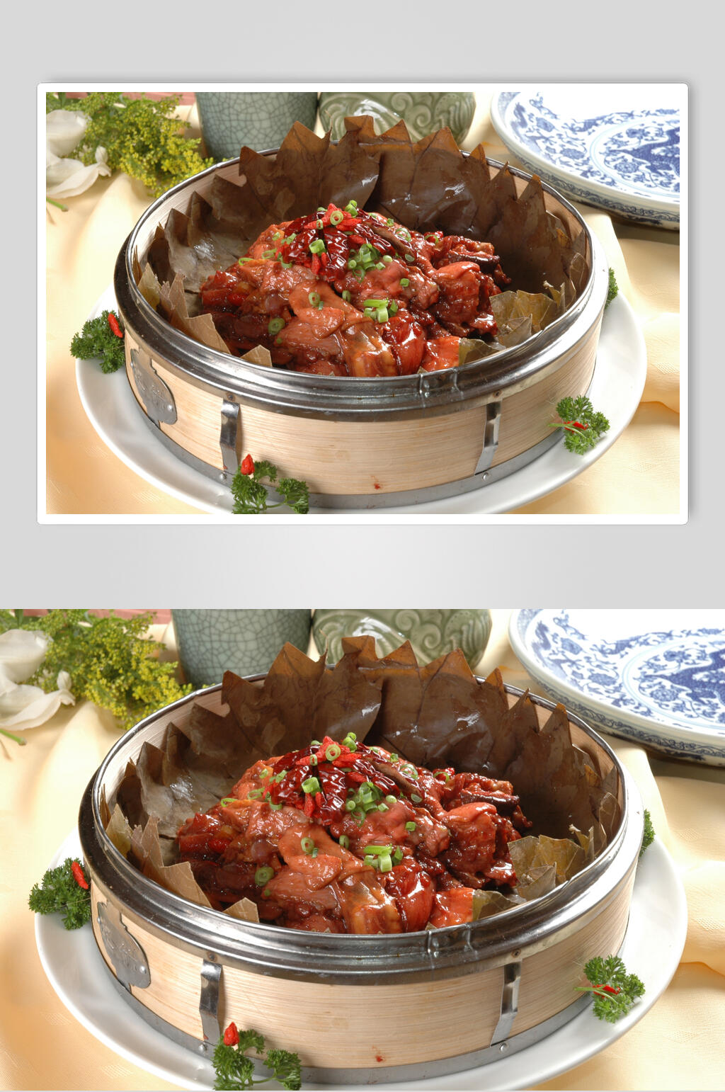 笼仔白菇蒸滑鸡元例美食图片素材