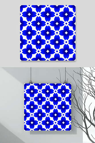 花规则排列蓝色陶瓷图案背景矢量素材