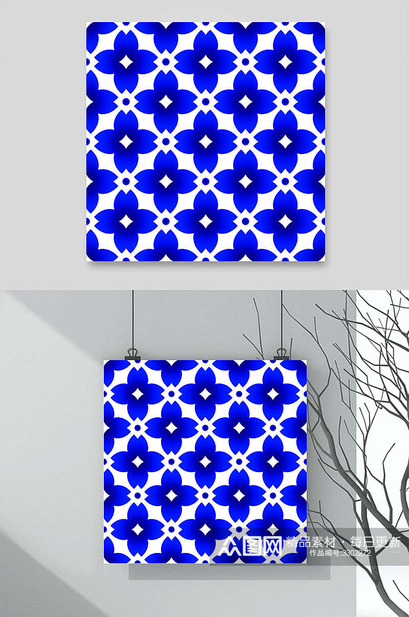 花规则排列蓝色陶瓷图案背景矢量素材素材
