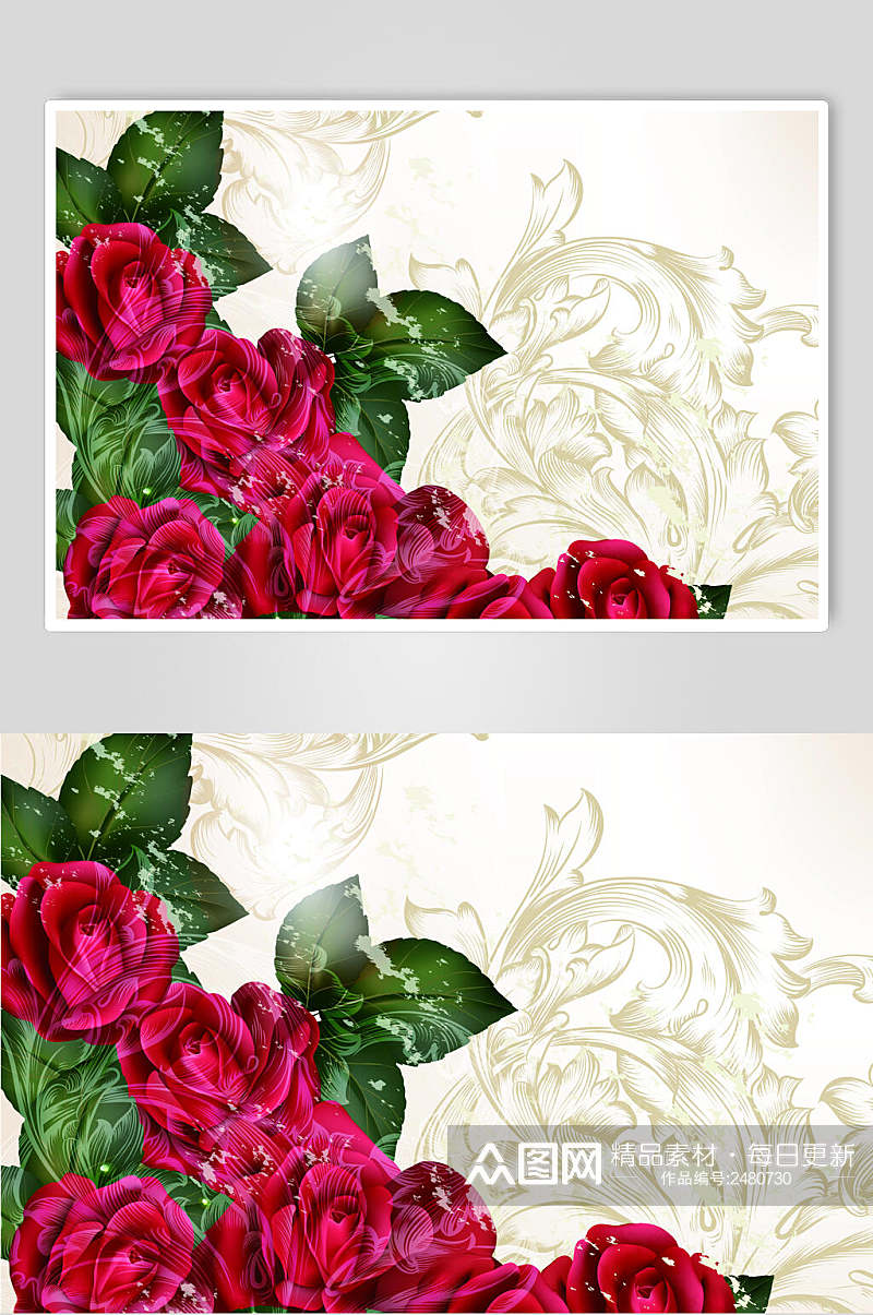 手绘婚礼花卉玫瑰红矢量素材素材