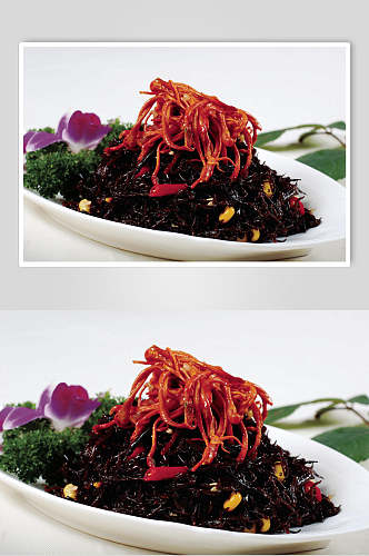 虫草花拌长寿菜食物高清图片