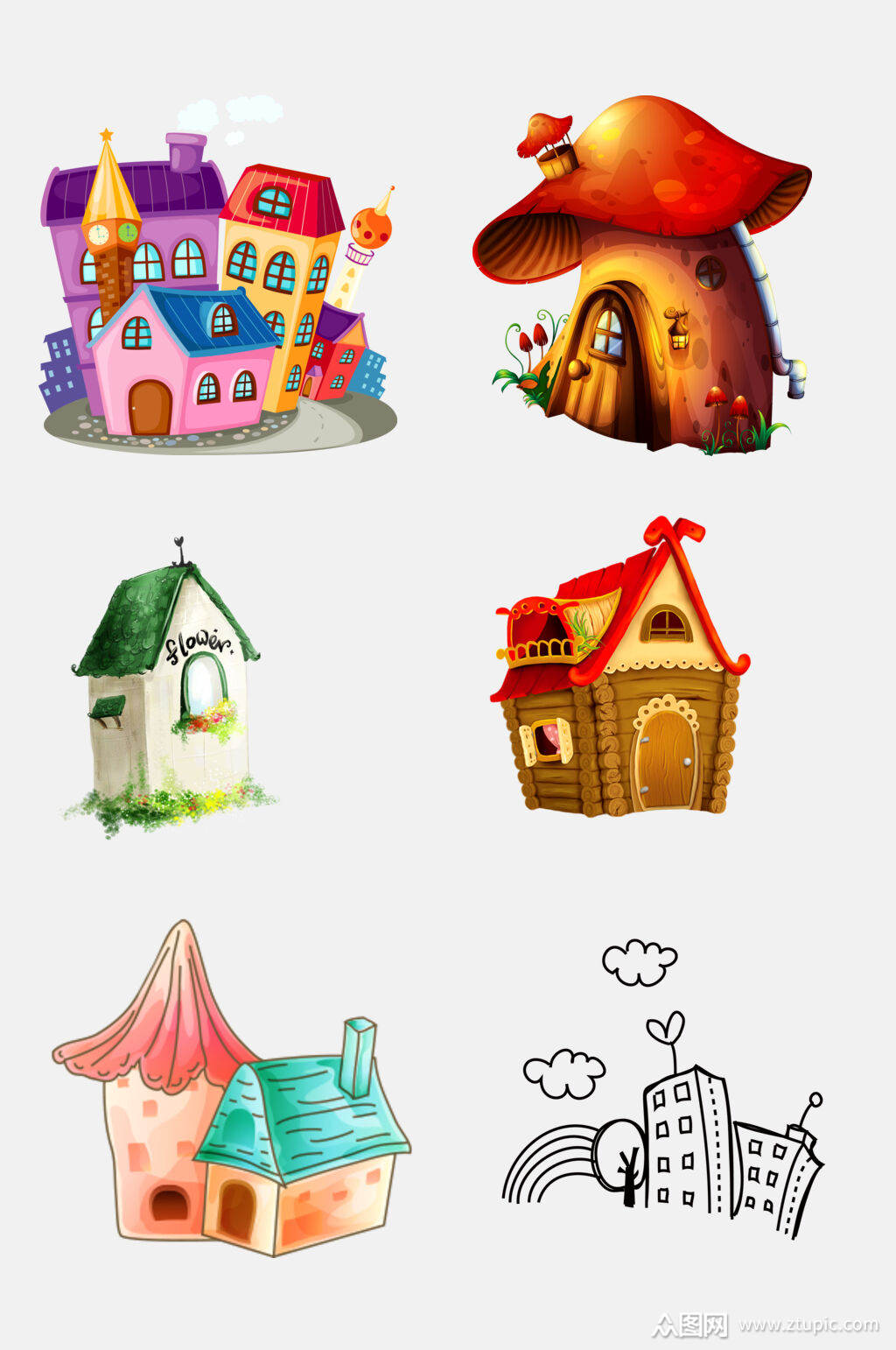 炫彩卡通童话蘑菇房子建筑免抠素材素材