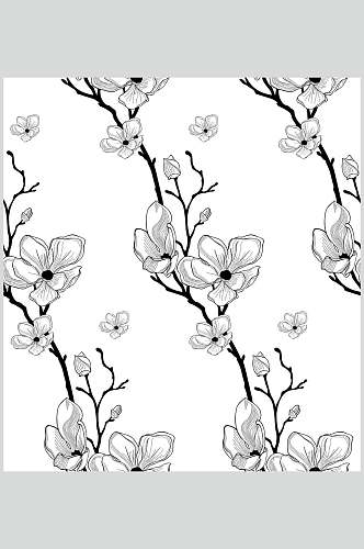 简约黑白手绘森系花卉树叶矢量素材