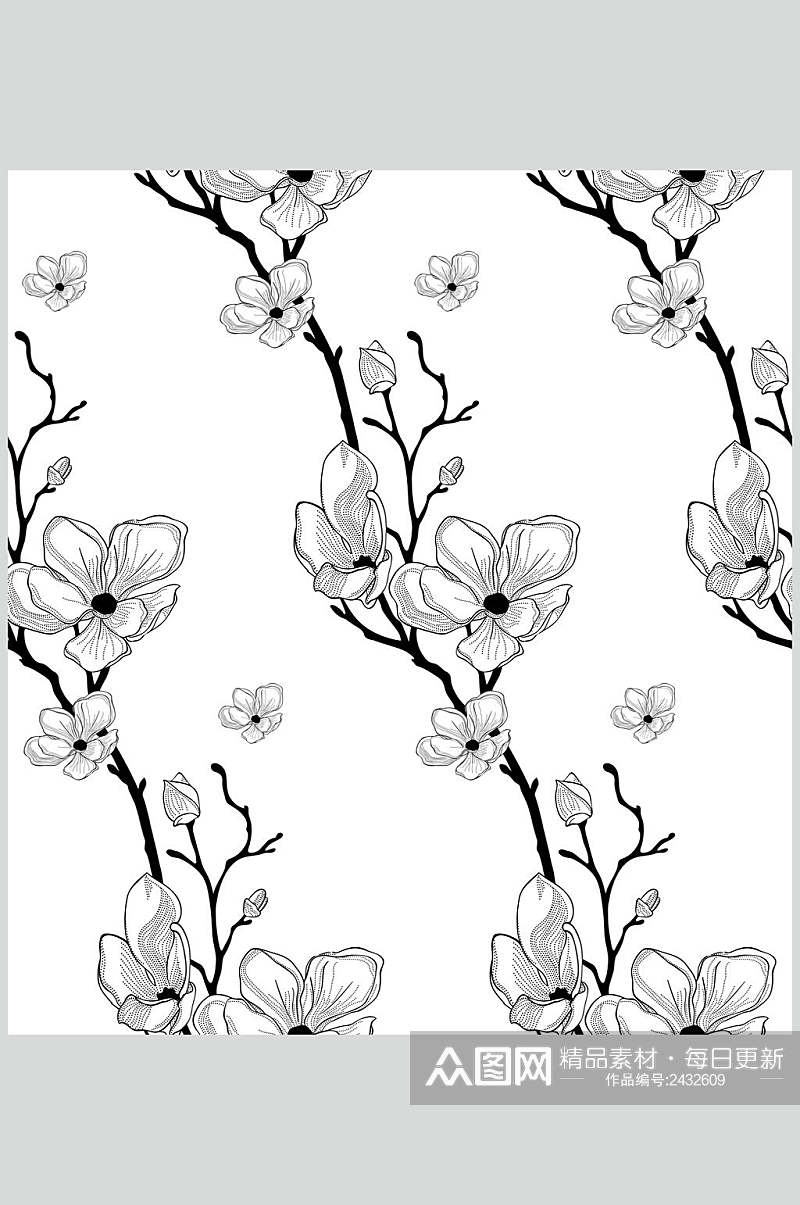 简约黑白手绘森系花卉树叶矢量素材素材