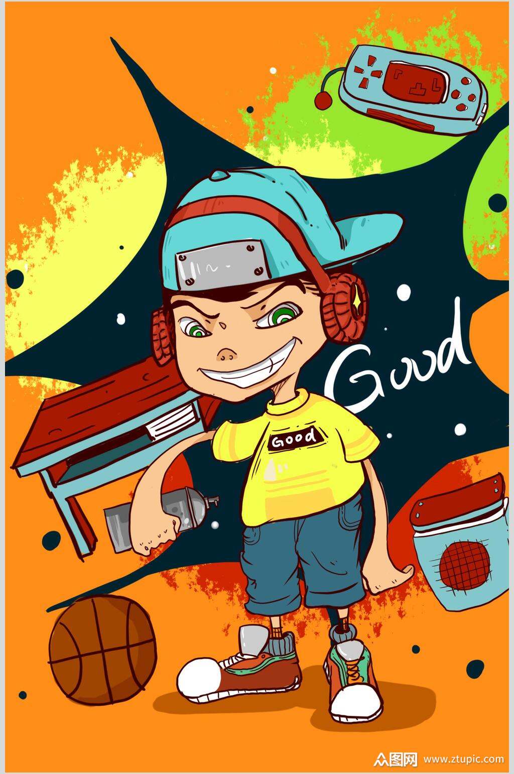 彩色卡通男孩潮流涂鸦插画素材素材