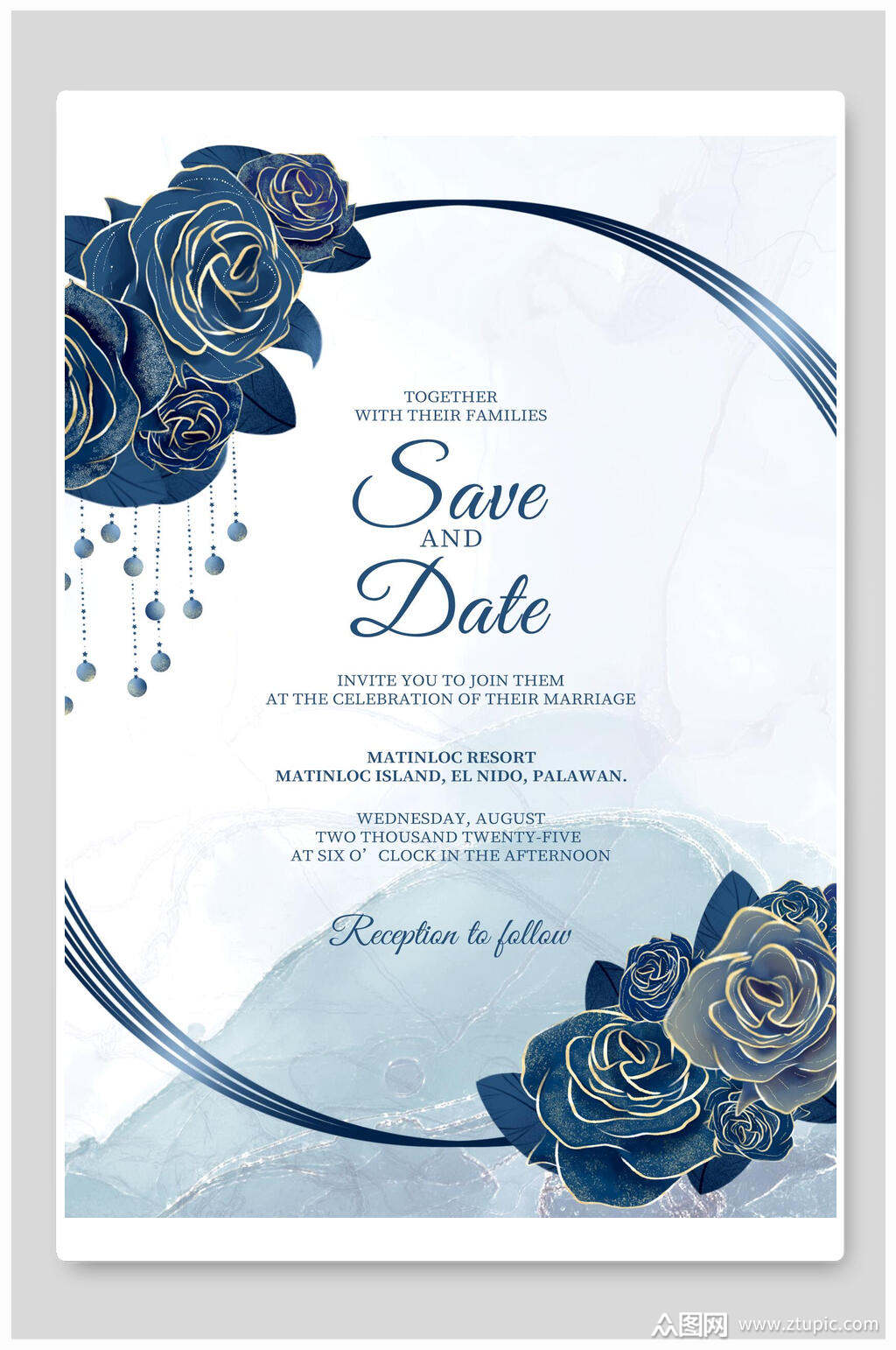 蓝金创意植物欧式邀请函海报