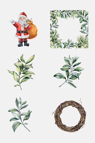 清新水彩植物圣诞卡通免抠元素