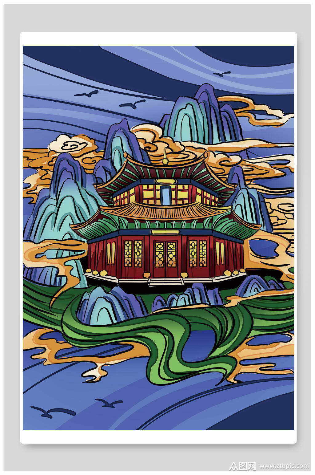 国风国潮风建筑插画素材素材